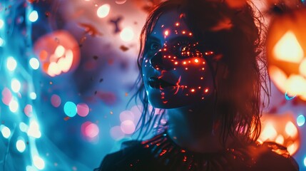 Mystical Halloween Portrait - A young girl dressed up for Halloween, glowing with light, with a mysterious and whimsical look on her face. - A young girl dressed up for Halloween, glowing with light, 