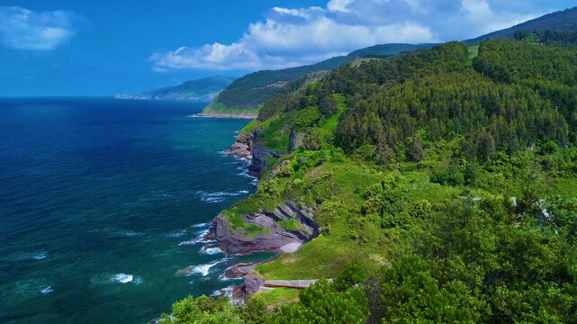 Coastal landscape in the surroundings of the abandoned Lemoniz Nuclear Power Plant. Aerial view from a drone. Lemoniz. Vizcaya. Basque Country. Spain. Europe