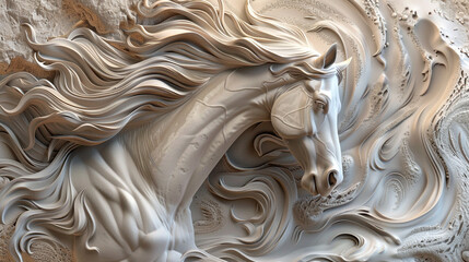 Artistic 3D horse relief wallpaper with detailed mane and graceful posture