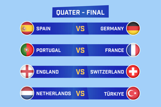 Quarter finals football match schedule list. Sport vector template background, team versus.