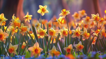 An AI-crafted image of a garden filled with daffodils, their bright yellow blooms creating a vivid tapestry of color and life, with each flower captured in stunning