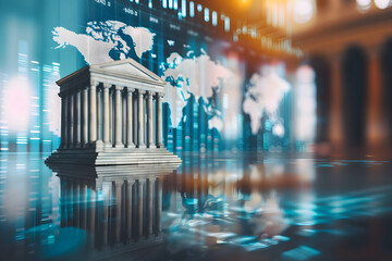 Virtual bank or digital online banking, global online financial transaction and e-commerce, international banking connecting network, bank model and world map background