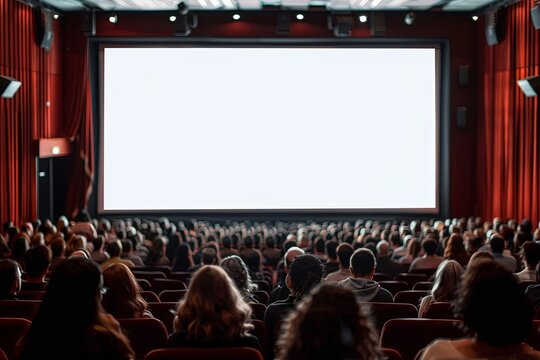 Large empty white screen in the middle of an audience at a movie theater, with a web banner and copy space on the right, symbolizing entertainment and advertising opportunities.