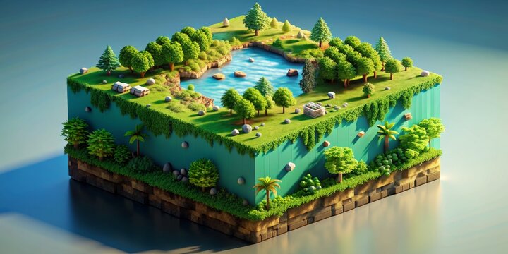 Abstract 3D voxel cube surface landscape background, digital game earth cube voxel surface landscape nature art, cube voxel surface landscape illustration digital art
