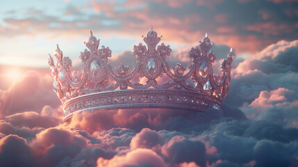 Majestic jeweled crown floating in sunset clouds