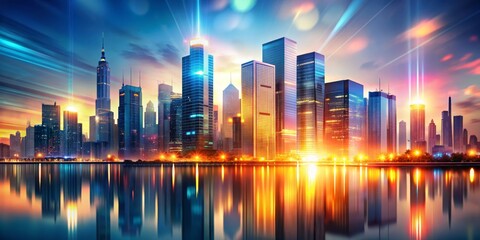 Fototapeta premium Abstract urban cityscape illustration with blurred business building lights | modern, architecture, city lights, futuristic, buildings