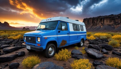 Blue Van in Desert Landscape at Sunset.