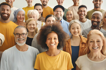 A large group of happy people from different ethnic groups and different generations of people	