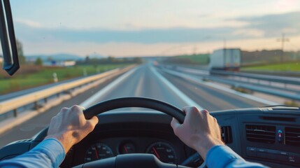 Naklejka premium A driver's hands grip the steering wheel as they travel down a straight highway at sunset
