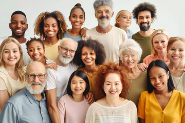 A large group of happy people from different ethnic groups and different generations of people	