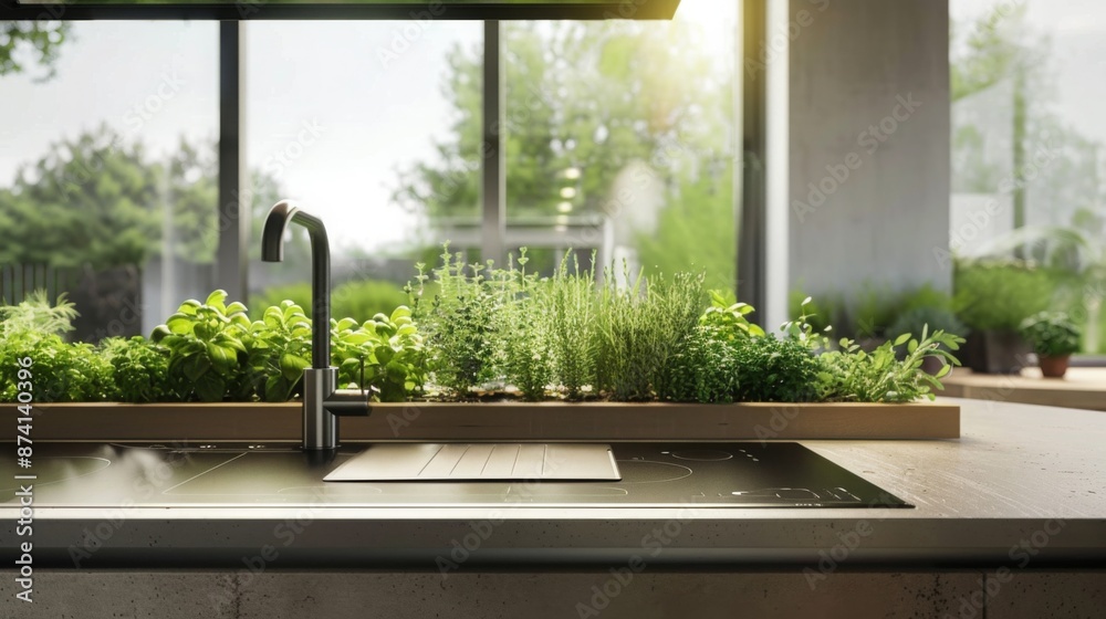 Poster A modern kitchen sink with a built-in herb garden, next to a window with a view of green trees.