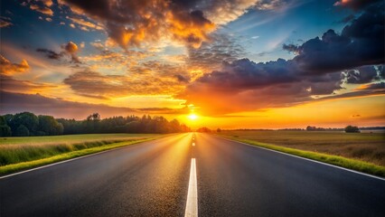 Sunset Road Blur: A serene empty asphalt road with a warm, glowing sunset in the background.
