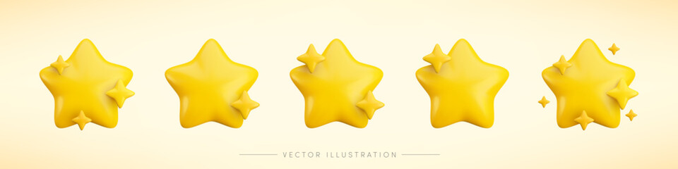 Vector set of 3d gold star with twinkle on yellow background. Cute realistic cartoon 3d render of sparkling star collection. Illustration for customer rating concept, xmas decor, game, app, sticker.