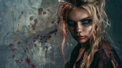 Fototapeta premium Zombie girl, horror, scary drag background Halloween concept