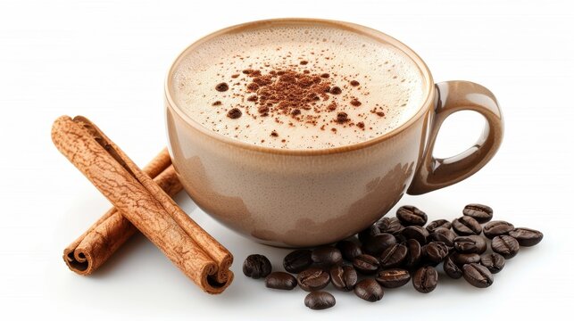 A frothy cappuccino topped with cocoa powder, accompanied by cinnamon sticks and scattered coffee beans, highlighting a warm and spicy flavor.