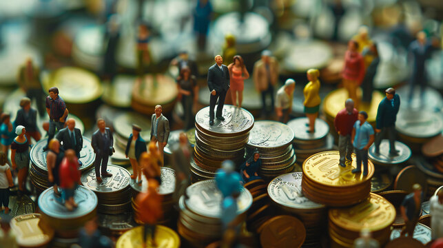 Miniature people standing on a pile of coins, symbolizing inequality and social class disparities. Illustrates concepts related to income inequality, social ideologies.