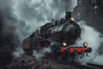 Fototapeta premium A photo of an old steam train in motion, with thick smoke billowing from its chimney. Vintage transport concept.
