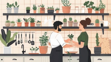 A man and woman are arranging plants on a shelf in their kitchen. The shelves are full of various plants, and the woman is holding a small plant in her hand.