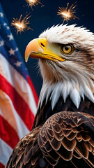 American bald eagle portrait with american flag and fireworks in the background in a patriot scene
