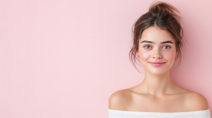 Smiling woman with messy bun against pink background