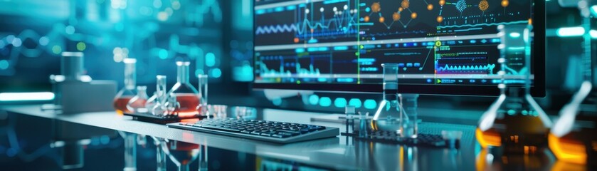 Modern laboratory with computer screens displaying data analytics, surrounded by flasks and scientific instruments under blue lighting.