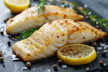 Juicy grilled cod served with fresh lemon and aromatic herbs, perfect for a healthy meal