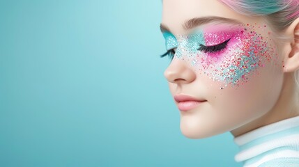 Woman with colorful makeup and headband, artistic beauty concept.