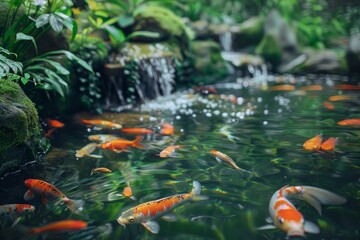 Serene koi pond with vibrant fish and a lush garden setting, captured in sharp detail