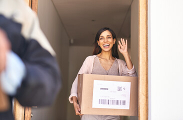 Wave, package and courier, woman or delivery for shipment, goodbye and online shopping. Happy, front door or retail for import logistics from female person, ecommerce or customer for cargo goods