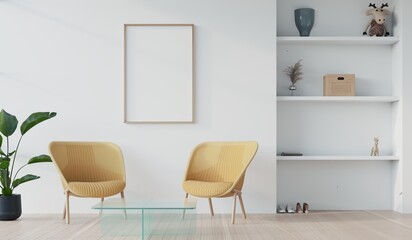 white living room with stylish armchair and blank poster frame