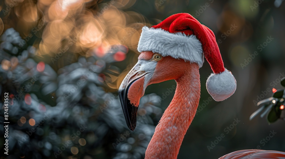 Wall mural pink flamingo wearing a santa hat