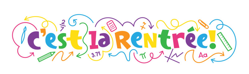 C'EST LA RENTREE! (BACK TO SCHOOL! in French) colorful vector hand lettering banner