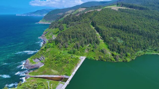 Urbieta Reservoir, the closest to the sea in Spain, in the surroundings of the abandoned Lemoniz Nuclear Power Plant. Aerial view from a drone. Lemoniz. Vizcaya. Basque Country. Spain. Europe