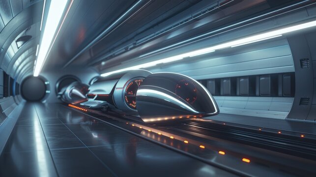 A futuristic hyperloop pod in a sleek tunnel