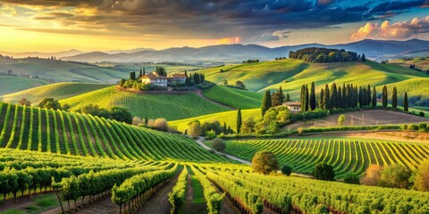 Italian Landscape, Green Tuscan Vineyards, European Nature, Tuscany, Italy