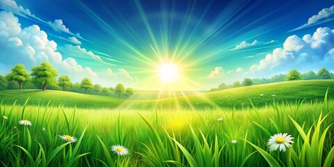 Obraz premium Lush Green Meadow Under Bright Sunlit Sky, que Nature ,Tranquil Scene