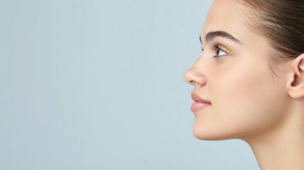 Fototapeta premium Close-up profile of a young woman with clear skin and natural beauty.