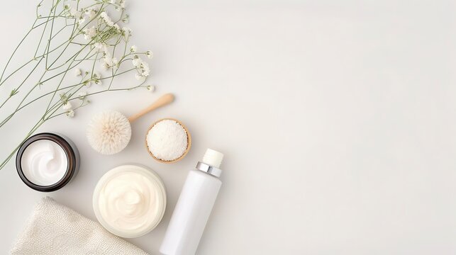 Minimalist beauty products arrangement with copy space.