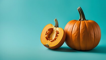Large orange pumpkin with half a small pumpkin on turquoise background. Copy space. Autumn harvest and Halloween decoration concept. Design for poster, greeting card, banner