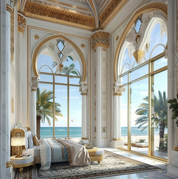 a bedroom in a Arabian-style mansion , Dubai. bedroom is spacious, luxurious, white walls and furniture adorned with gold linings. decor traditional Arabian elements ornate patterns and rich textiles