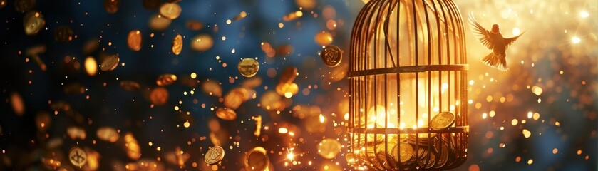 Golden coins escaping from an open birdcage into a clear blue sky, representing wealth and newfound freedom