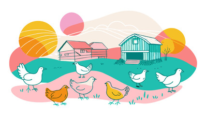 Obraz premium Pastel-Colored Illustration of Chickens on a Farm