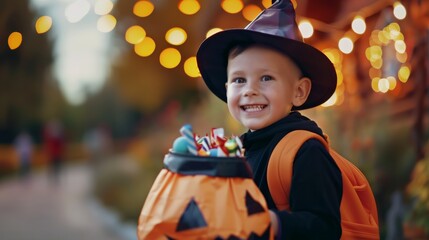 A young boy dressed as a witch holding a pumpkin bucket, standing outdoors at dusk with blurred lights in the background.