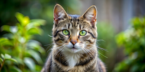 Tabby Cat Staring Intently in a Lush Garden Setting