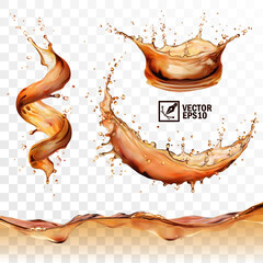 Realistic transparent isolated vector set splashes of tea, coffee, Cola or whiskey with drops, a splash of falling liquid in the form of a spiral, crown and circle,, a wave with bubbles