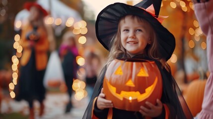 Happy Halloween. Children in costumes and makeup holiday halloween. Young girl dressed as a witch holding a carved pumpkin, standing outdoors in the evening with festive lights in the background.
