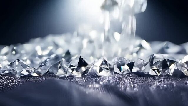 Glittering diamonds fall onto a dark piece of fabric and reflect the light.