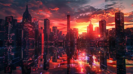 Fototapeta premium A cityscape with skyscrapers reflecting sunset hues, casting a warm glow over the urban landscape.