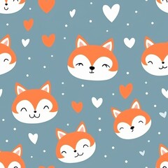 Seamless pattern of a cute foxes and hearts. A nice simple tileble wallpapers with blue background