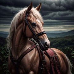 Fototapeta premium Young horse with a bridle, ready for riding
